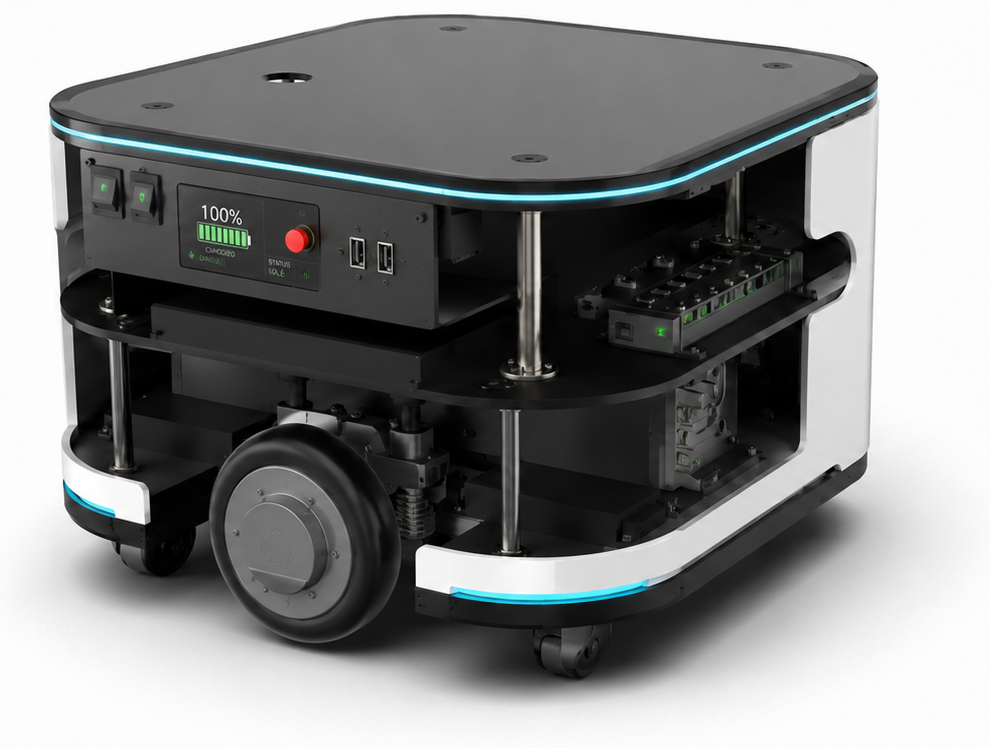 A cutaway three-quarter view of BEEBOT2 with the side panels removed, showing the roof plate, the front status panel, two internal equipment decks, one drive wheel and a caster.